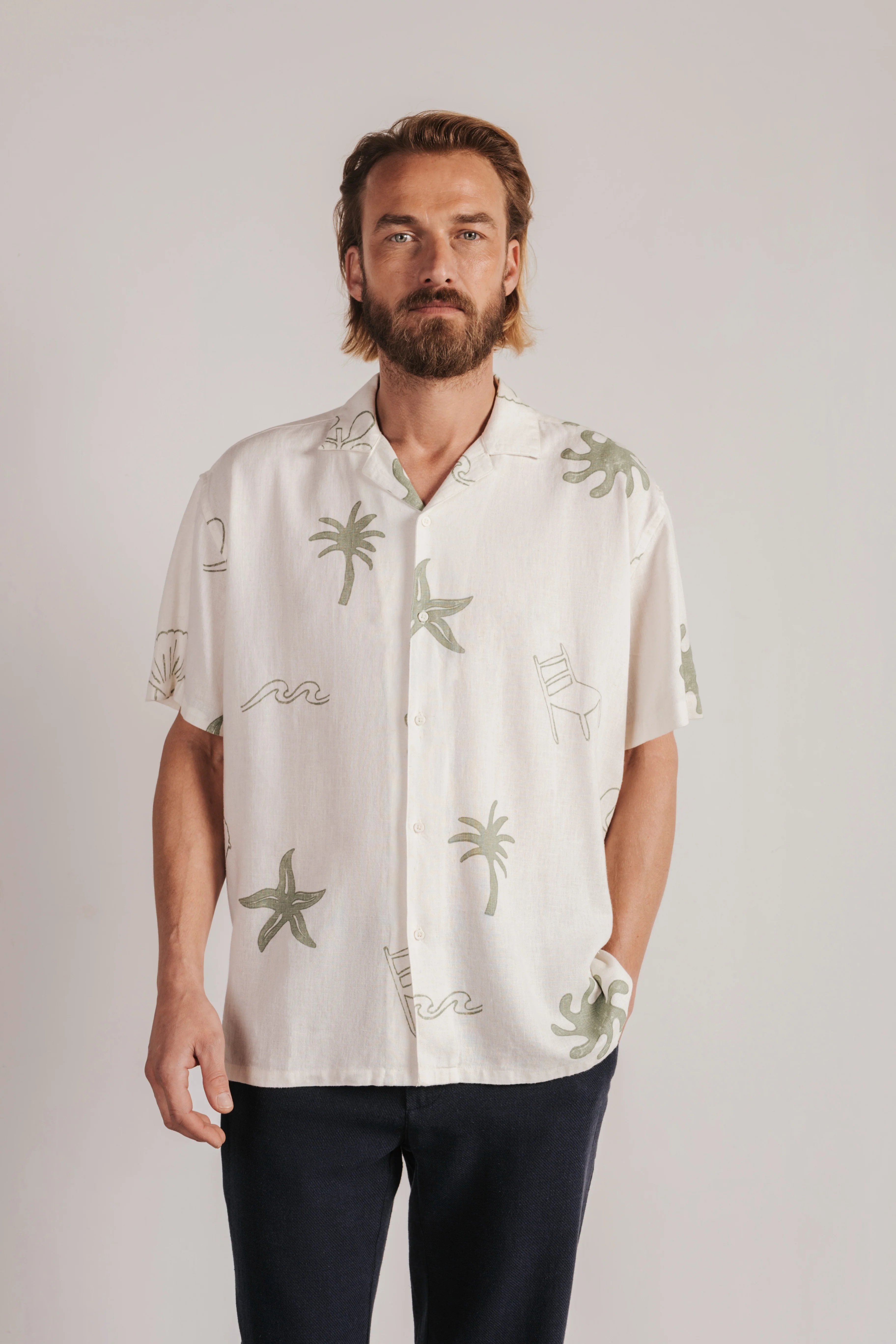 Camisa lino manga corta estampada